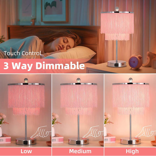 Pink Lamp for Girls Room, 3-Way Dimmable Touch Lamps with USB Port, Girls Lamp with Tassel Lampshade, Pink Table Lamp for Bedroom, Living Room, Dresser, Nightstand, LED Bulb Included