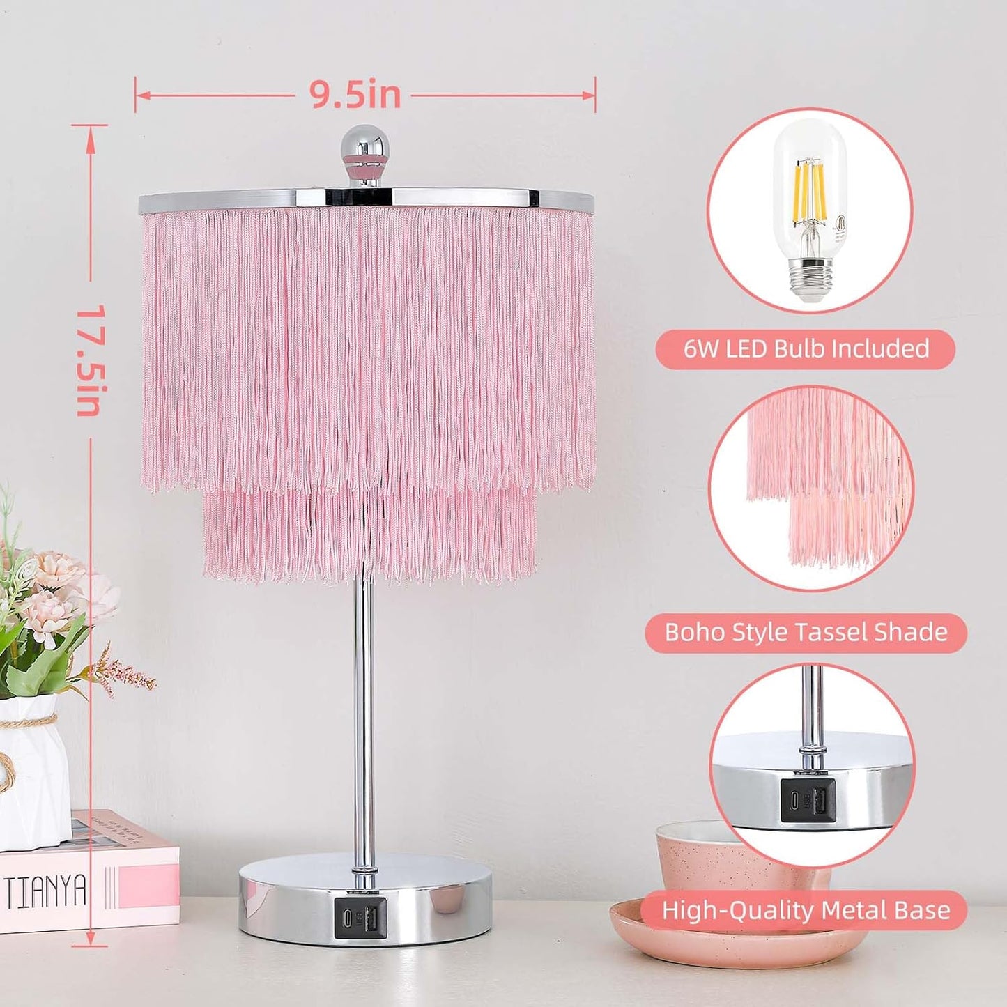 Pink Lamp for Girls Room, 3-Way Dimmable Touch Lamps with USB Port, Girls Lamp with Tassel Lampshade, Pink Table Lamp for Bedroom, Living Room, Dresser, Nightstand, LED Bulb Included