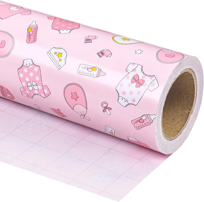 Pink Baby Shower Wrapping Paper - Mini Roll - 17 Inch x 16.5 Feet - Baby Girl Pink Wrapping Paper with Snapsuit and Bottle Design for Gender Reveal Party, Girls Birthday