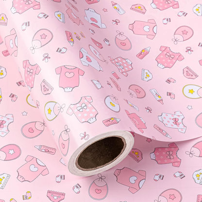 Pink Baby Shower Wrapping Paper - Mini Roll - 17 Inch x 16.5 Feet - Baby Girl Pink Wrapping Paper with Snapsuit and Bottle Design for Gender Reveal Party, Girls Birthday