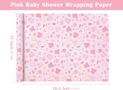 Pink Baby Shower Wrapping Paper - Mini Roll - 17 Inch x 16.5 Feet - Baby Girl Pink Wrapping Paper with Snapsuit and Bottle Design for Gender Reveal Party, Girls Birthday