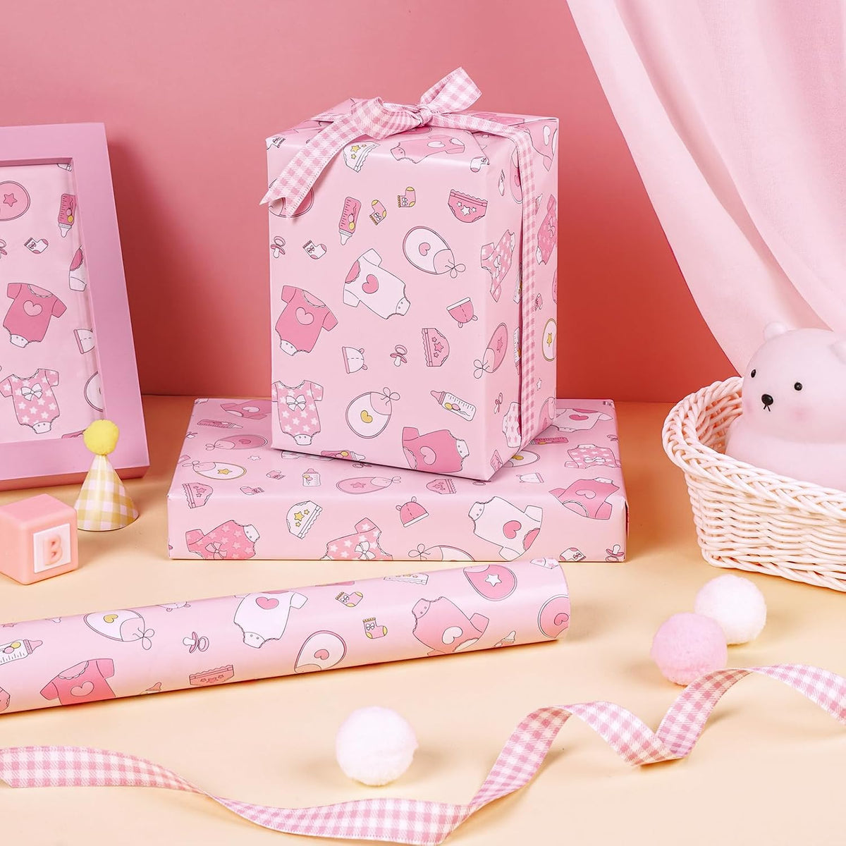Pink Baby Shower Wrapping Paper - Mini Roll - 17 Inch x 16.5 Feet - Baby Girl Pink Wrapping Paper with Snapsuit and Bottle Design for Gender Reveal Party, Girls Birthday