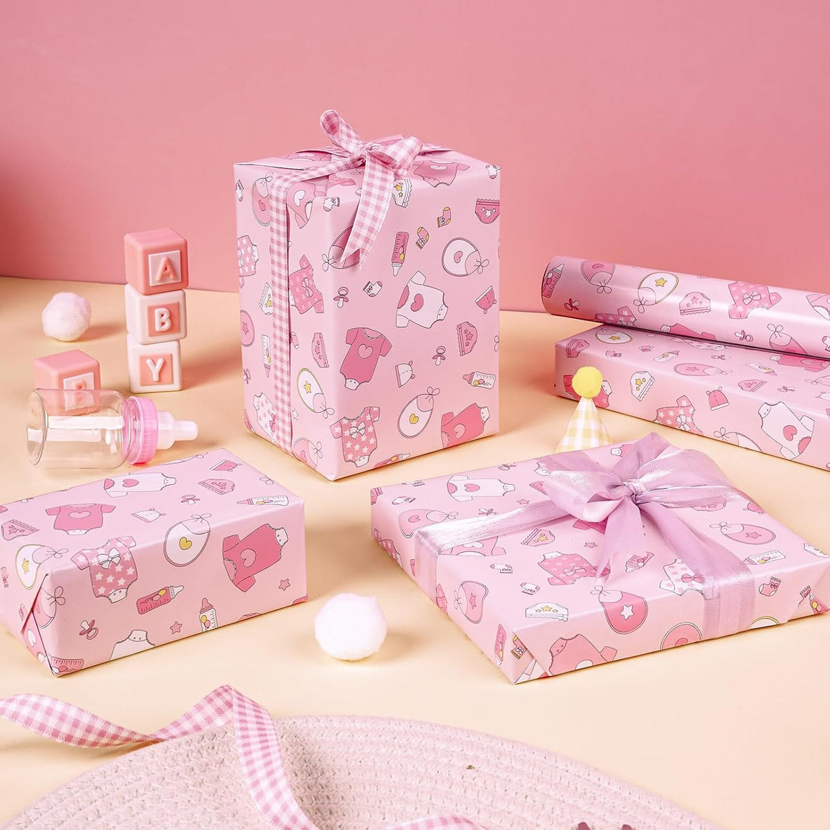 Pink Baby Shower Wrapping Paper - Mini Roll - 17 Inch x 16.5 Feet - Baby Girl Pink Wrapping Paper with Snapsuit and Bottle Design for Gender Reveal Party, Girls Birthday