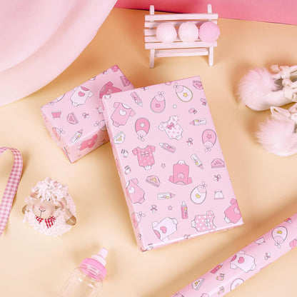 Pink Baby Shower Wrapping Paper - Mini Roll - 17 Inch x 16.5 Feet - Baby Girl Pink Wrapping Paper with Snapsuit and Bottle Design for Gender Reveal Party, Girls Birthday