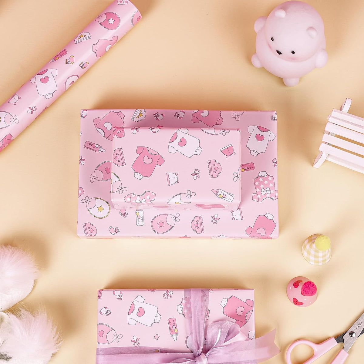 Pink Baby Shower Wrapping Paper - Mini Roll - 17 Inch x 16.5 Feet - Baby Girl Pink Wrapping Paper with Snapsuit and Bottle Design for Gender Reveal Party, Girls Birthday