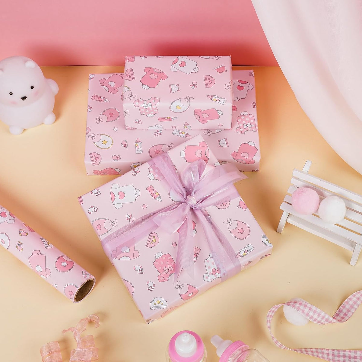 Pink Baby Shower Wrapping Paper - Mini Roll - 17 Inch x 16.5 Feet - Baby Girl Pink Wrapping Paper with Snapsuit and Bottle Design for Gender Reveal Party, Girls Birthday