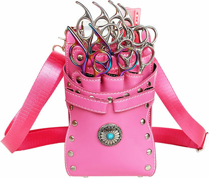Hairdresser Waist Bag Shear Holder, 7-Slot Hairstylist PU Leather Barber Scissors Holster Pouch Tool Bag, Detachable Hair Cutting Organizer for Combs, Clippers, Spray Bottles (Pink)