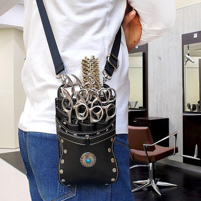 Hairdresser Waist Bag Shear Holder, 7-Slot Hairstylist PU Leather Barber Scissors Holster Pouch Tool Bag, Detachable Hair Cutting Organizer for Combs, Clippers, Spray Bottles (Pink)