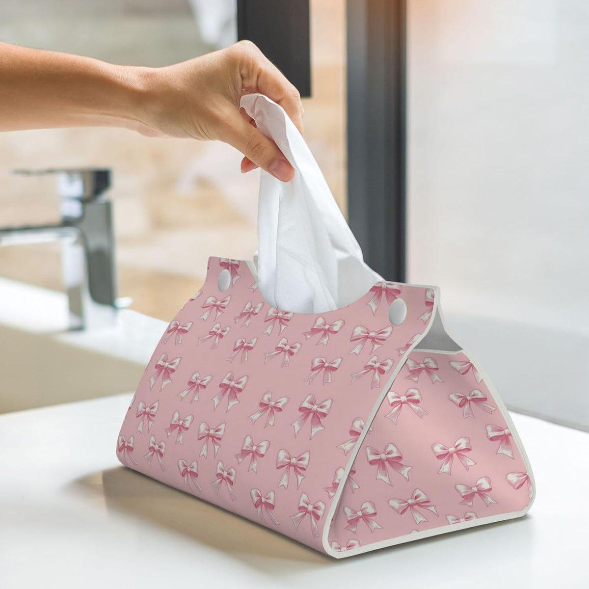 Ribbon Bow Pink Print Long Leather Tissue Box Cover Holder, Foldable Modern Tissue Box Cover, Aesthetic Desk Accessories for Bathroom Tabletop Office Car Home Decor