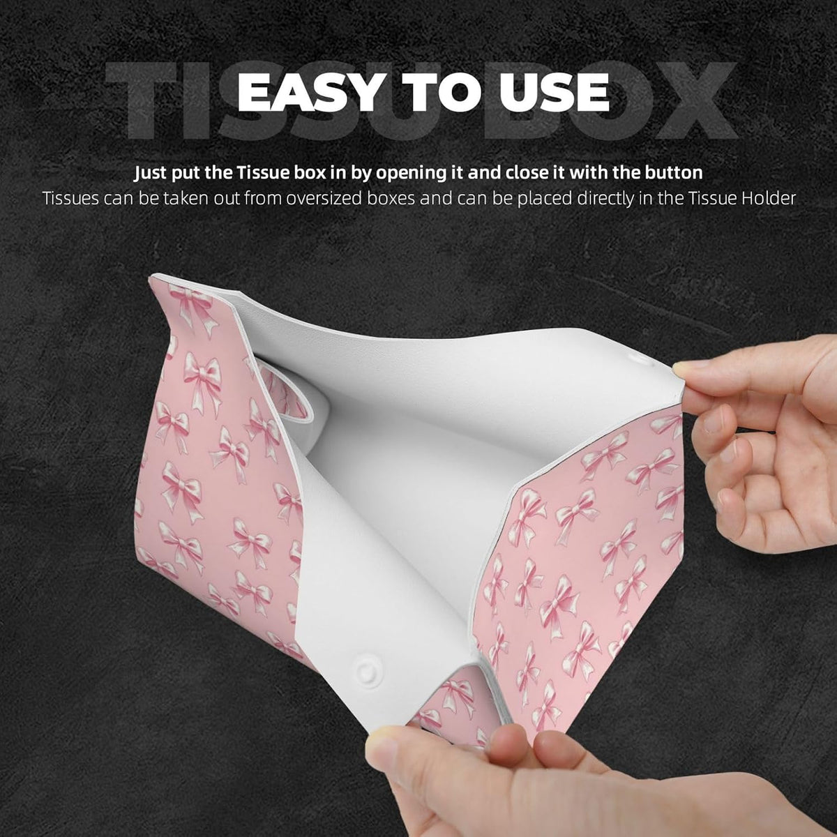 Ribbon Bow Pink Print Long Leather Tissue Box Cover Holder, Foldable Modern Tissue Box Cover, Aesthetic Desk Accessories for Bathroom Tabletop Office Car Home Decor