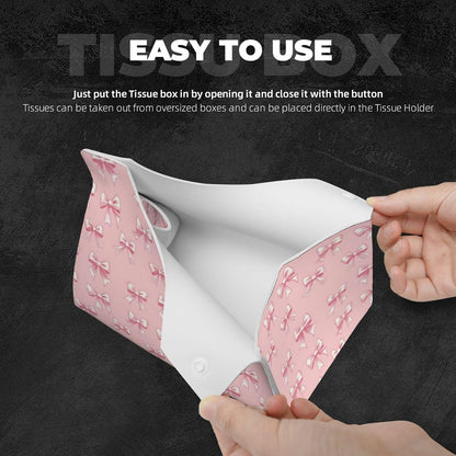 Ribbon Bow Pink Print Long Leather Tissue Box Cover Holder, Foldable Modern Tissue Box Cover, Aesthetic Desk Accessories for Bathroom Tabletop Office Car Home Decor