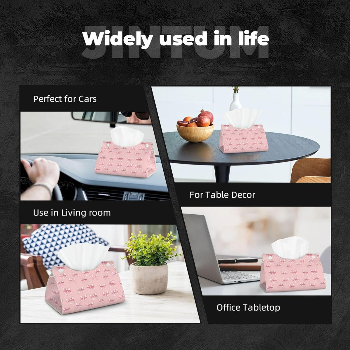 Ribbon Bow Pink Print Long Leather Tissue Box Cover Holder, Foldable Modern Tissue Box Cover, Aesthetic Desk Accessories for Bathroom Tabletop Office Car Home Decor