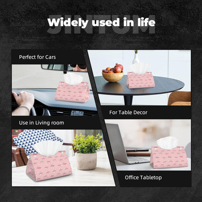 Ribbon Bow Pink Print Long Leather Tissue Box Cover Holder, Foldable Modern Tissue Box Cover, Aesthetic Desk Accessories for Bathroom Tabletop Office Car Home Decor