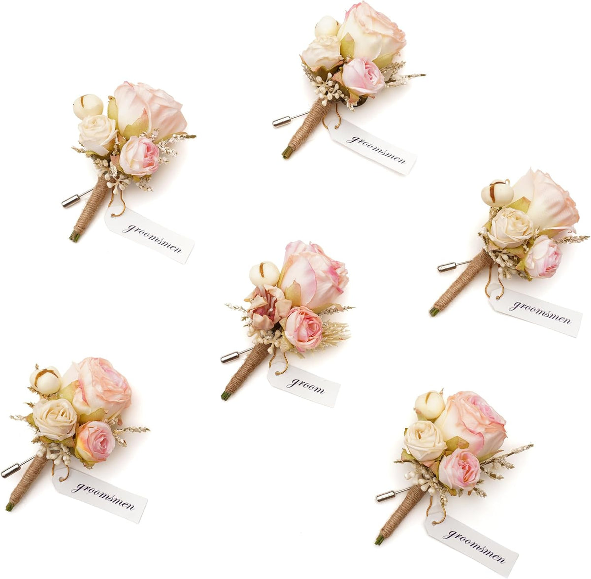 Retro Pink Rose Natural Dried Plants Boutonniere for Men, Set of 6, Corsage Groomsmen Guest Boutonniere Set for Wedding Ceremony Anniversary Prom Suit