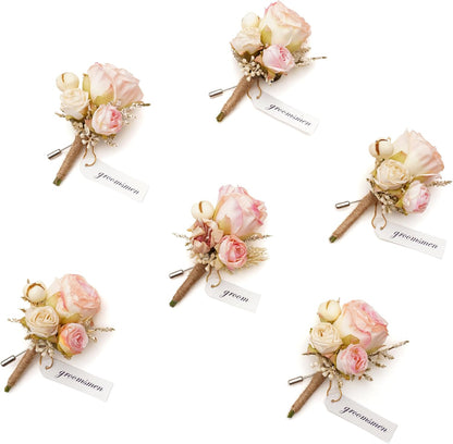 Retro Pink Rose Natural Dried Plants Boutonniere for Men, Set of 6, Corsage Groomsmen Guest Boutonniere Set for Wedding Ceremony Anniversary Prom Suit