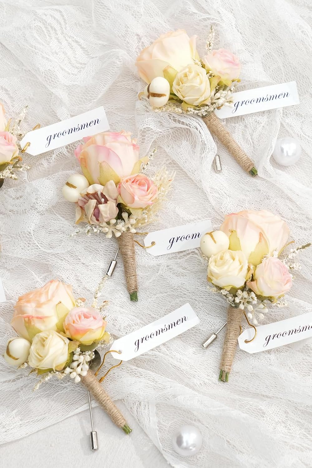 Retro Pink Rose Natural Dried Plants Boutonniere for Men, Set of 6, Corsage Groomsmen Guest Boutonniere Set for Wedding Ceremony Anniversary Prom Suit