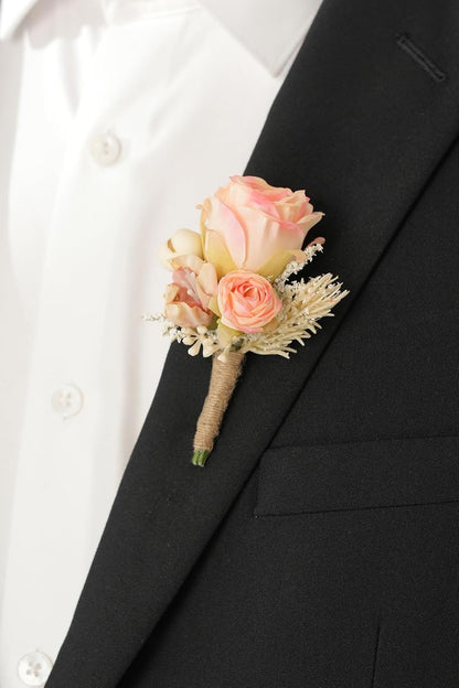 Retro Pink Rose Natural Dried Plants Boutonniere for Men, Set of 6, Corsage Groomsmen Guest Boutonniere Set for Wedding Ceremony Anniversary Prom Suit