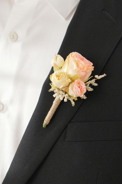 Retro Pink Rose Natural Dried Plants Boutonniere for Men, Set of 6, Corsage Groomsmen Guest Boutonniere Set for Wedding Ceremony Anniversary Prom Suit