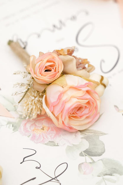 Retro Pink Rose Natural Dried Plants Boutonniere for Men, Set of 6, Corsage Groomsmen Guest Boutonniere Set for Wedding Ceremony Anniversary Prom Suit
