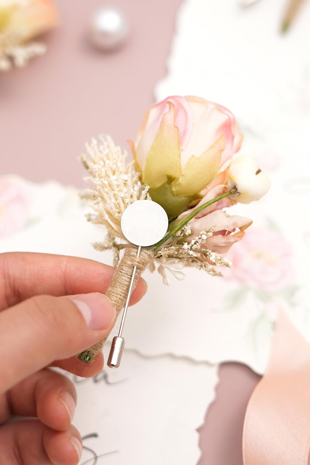 Retro Pink Rose Natural Dried Plants Boutonniere for Men, Set of 6, Corsage Groomsmen Guest Boutonniere Set for Wedding Ceremony Anniversary Prom Suit