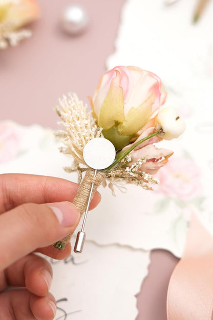 Retro Pink Rose Natural Dried Plants Boutonniere for Men, Set of 6, Corsage Groomsmen Guest Boutonniere Set for Wedding Ceremony Anniversary Prom Suit