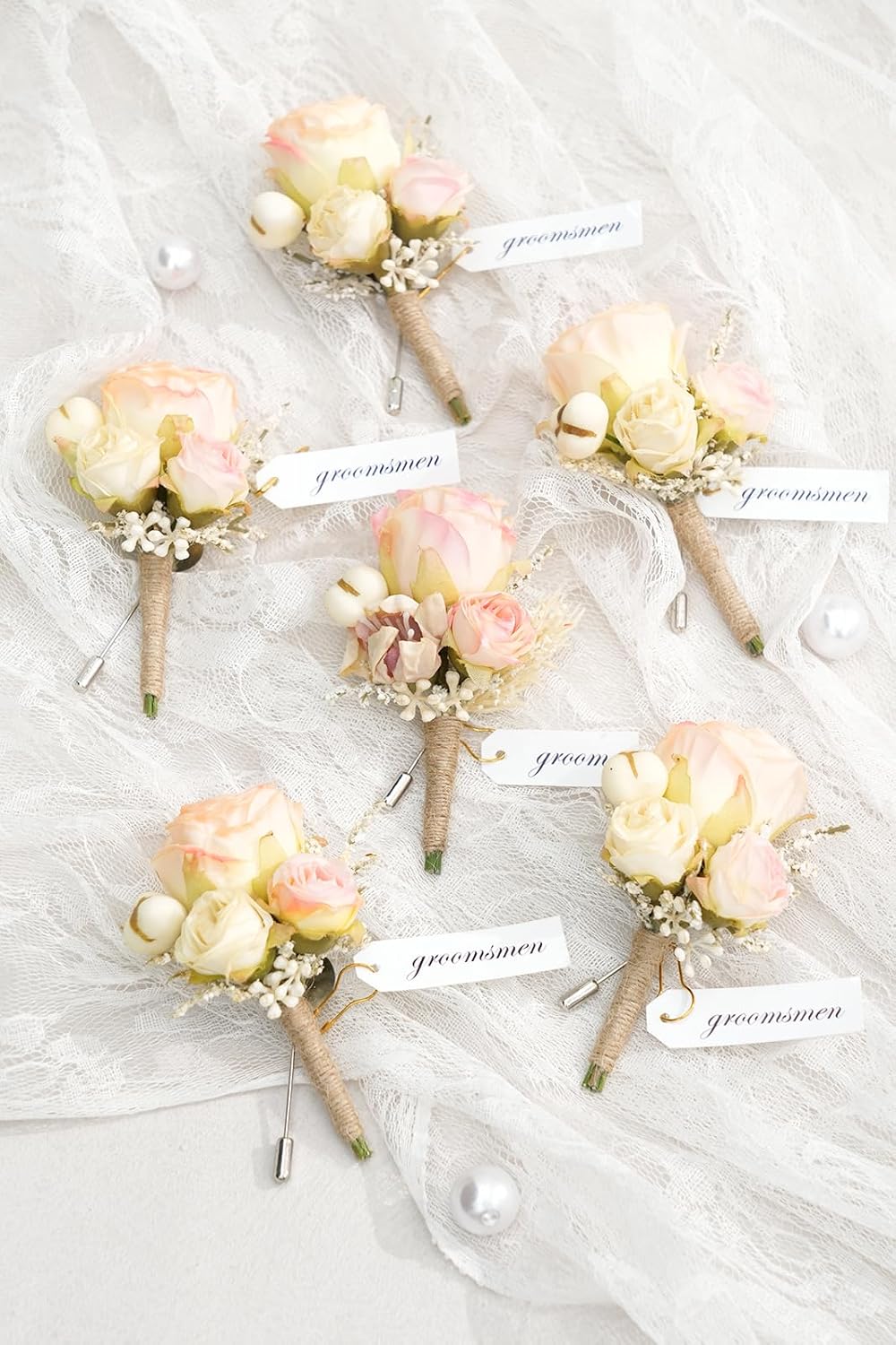 Retro Pink Rose Natural Dried Plants Boutonniere for Men, Set of 6, Corsage Groomsmen Guest Boutonniere Set for Wedding Ceremony Anniversary Prom Suit