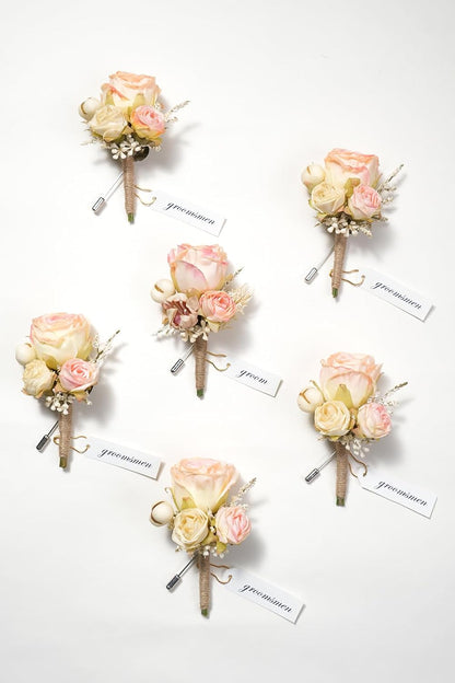 Retro Pink Rose Natural Dried Plants Boutonniere for Men, Set of 6, Corsage Groomsmen Guest Boutonniere Set for Wedding Ceremony Anniversary Prom Suit
