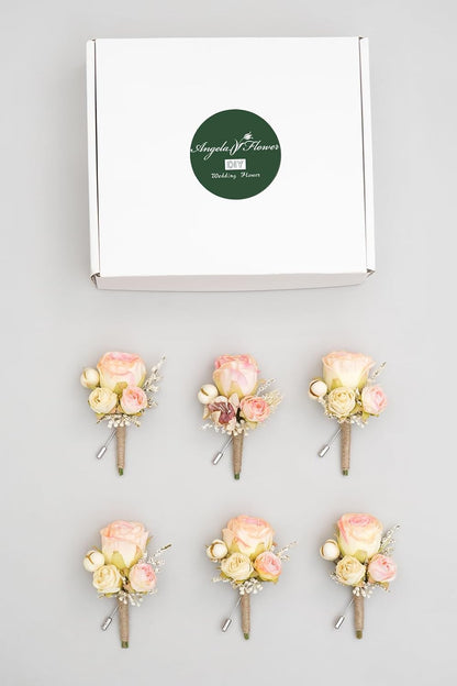 Retro Pink Rose Natural Dried Plants Boutonniere for Men, Set of 6, Corsage Groomsmen Guest Boutonniere Set for Wedding Ceremony Anniversary Prom Suit