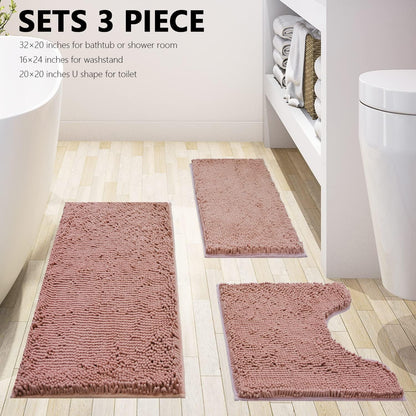 Bathroom Rugs Chenille 3-Piece Extra Soft and Absorbent Shag Bathroom Rugs, Machine Wash Mat, Strong PVC Non-Slip Underside, Plush Carpet Mats (Deep Pink)