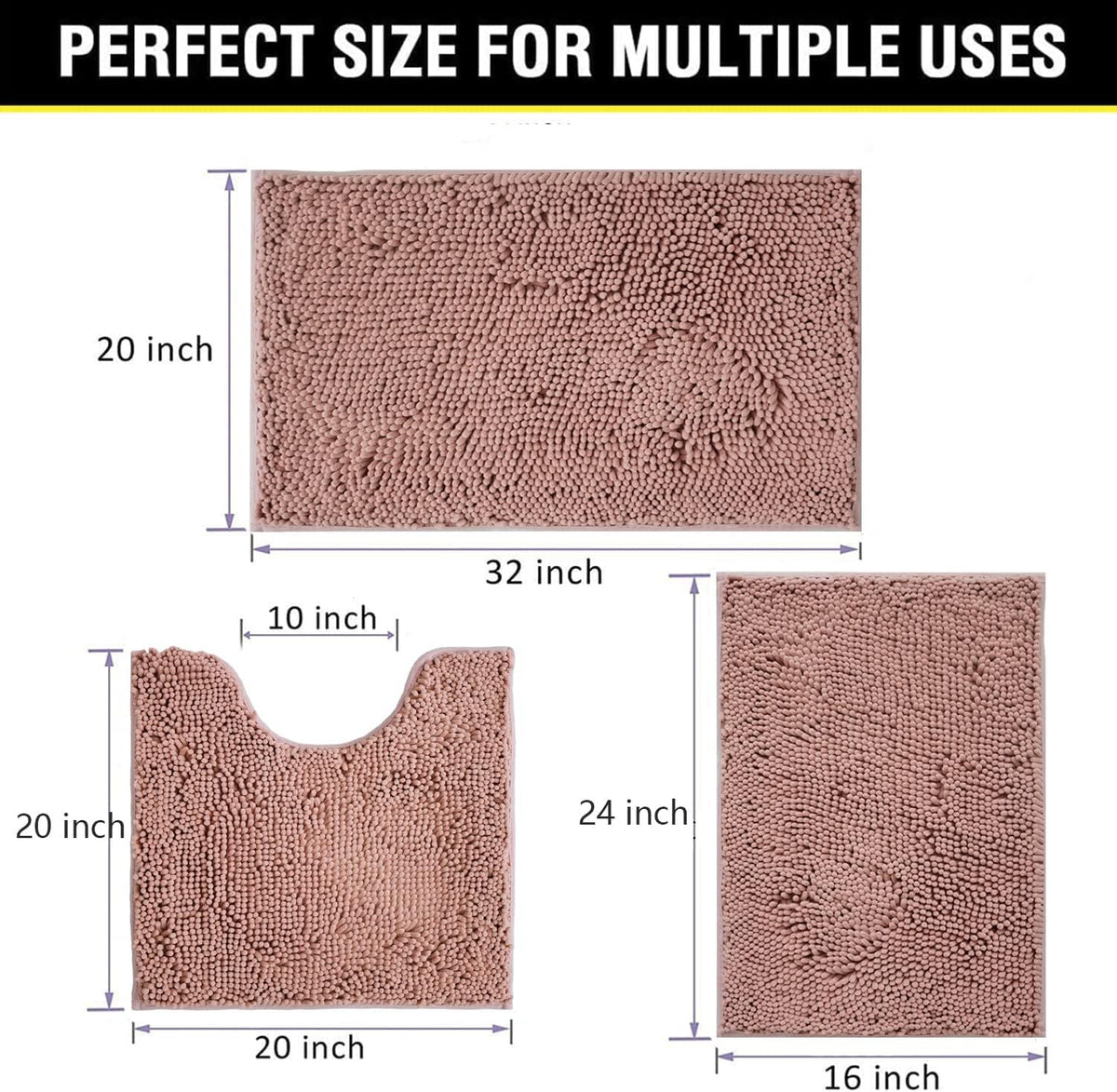 Bathroom Rugs Chenille 3-Piece Extra Soft and Absorbent Shag Bathroom Rugs, Machine Wash Mat, Strong PVC Non-Slip Underside, Plush Carpet Mats (Deep Pink)