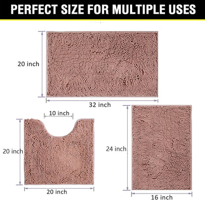 Bathroom Rugs Chenille 3-Piece Extra Soft and Absorbent Shag Bathroom Rugs, Machine Wash Mat, Strong PVC Non-Slip Underside, Plush Carpet Mats (Deep Pink)