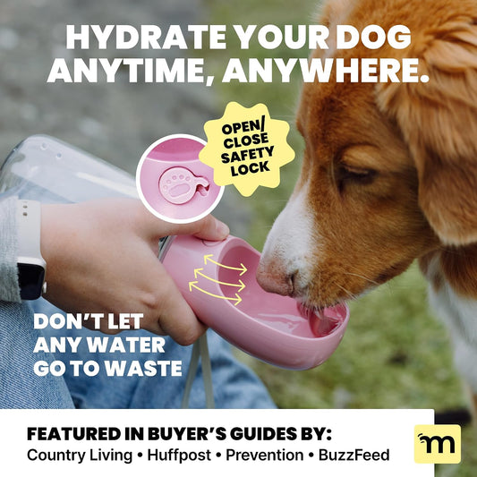 Leak-Proof Portable Dog Water Bottle for Travel - 19 oz, with Pink Bowl - Food Grade Plastic - Dog Bowls - Puppy Essentials - Pet Water Bottle for Trail Hiking, Park Visit & Beach Days