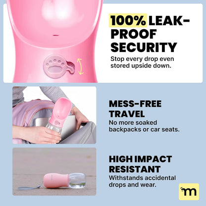 Leak-Proof Portable Dog Water Bottle for Travel - 19 oz, with Pink Bowl - Food Grade Plastic - Dog Bowls - Puppy Essentials - Pet Water Bottle for Trail Hiking, Park Visit & Beach Days