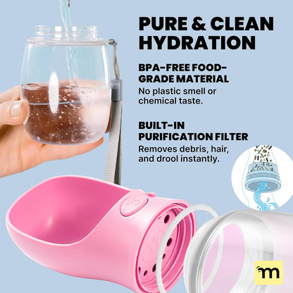 Leak-Proof Portable Dog Water Bottle for Travel - 19 oz, with Pink Bowl - Food Grade Plastic - Dog Bowls - Puppy Essentials - Pet Water Bottle for Trail Hiking, Park Visit & Beach Days