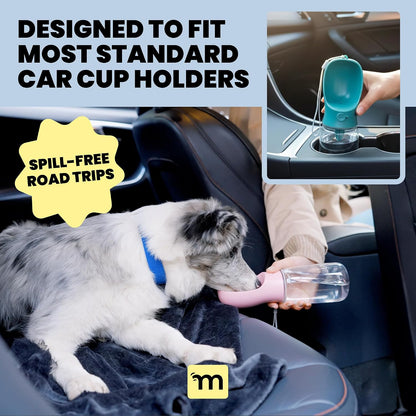 Leak-Proof Portable Dog Water Bottle for Travel - 19 oz, with Pink Bowl - Food Grade Plastic - Dog Bowls - Puppy Essentials - Pet Water Bottle for Trail Hiking, Park Visit & Beach Days