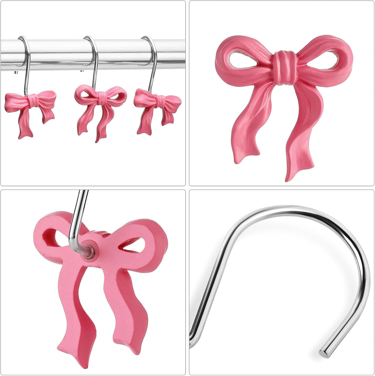 Cute Bow Shower Curtain Hooks Rings for Bathroom,Pink 12PCS