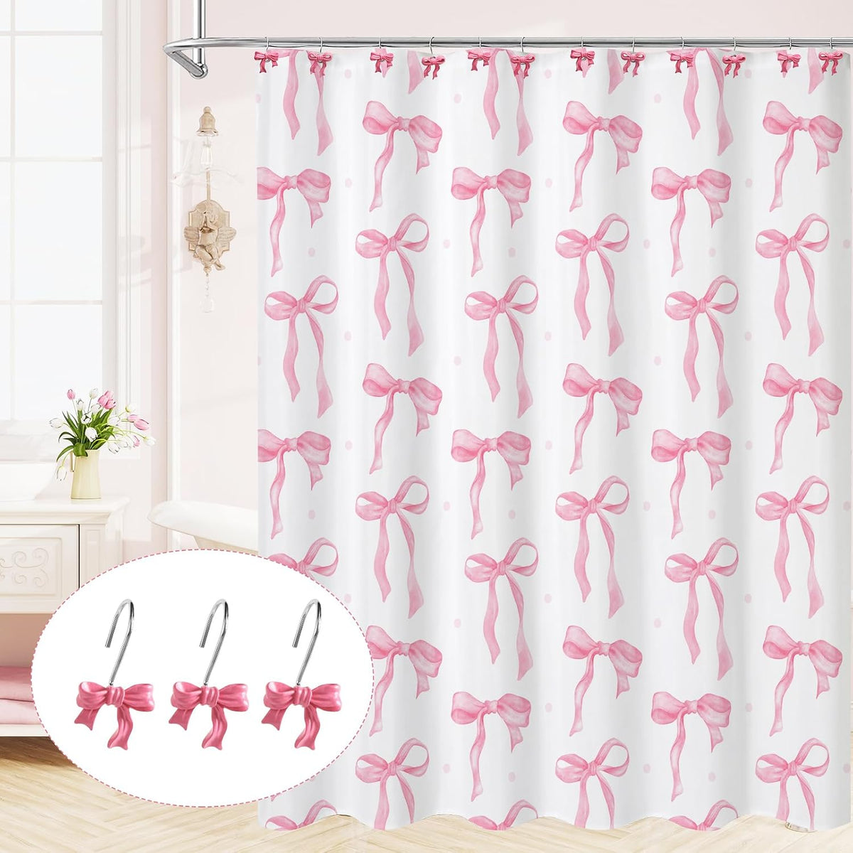 Cute Bow Shower Curtain Hooks Rings for Bathroom,Pink 12PCS