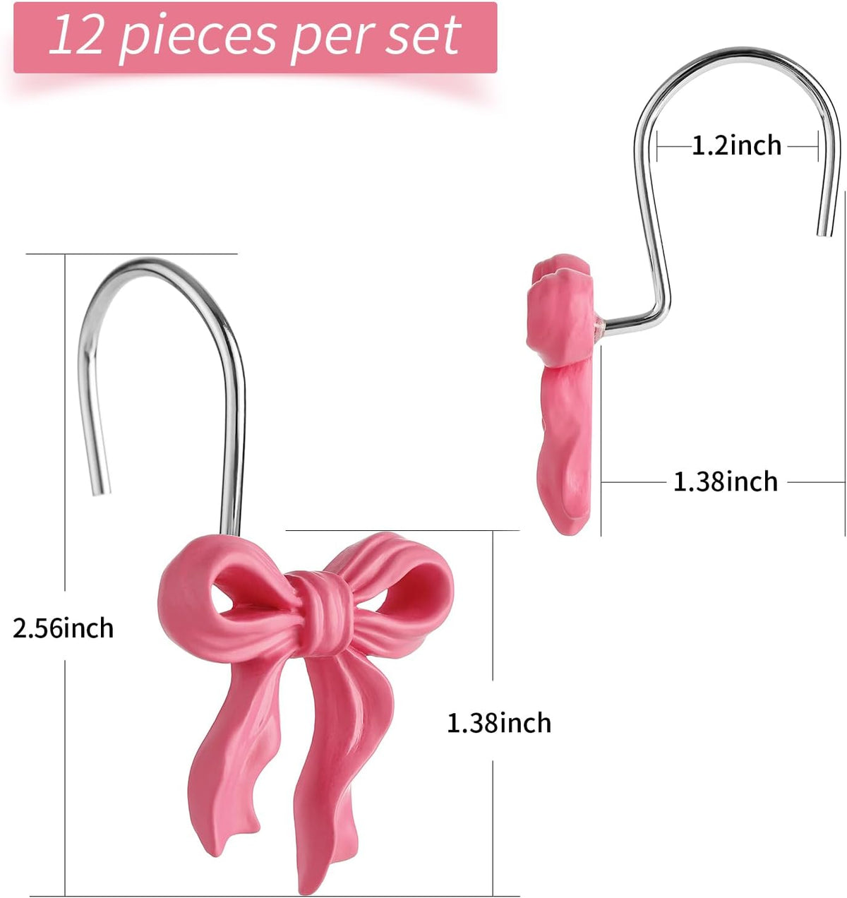 Cute Bow Shower Curtain Hooks Rings for Bathroom,Pink 12PCS