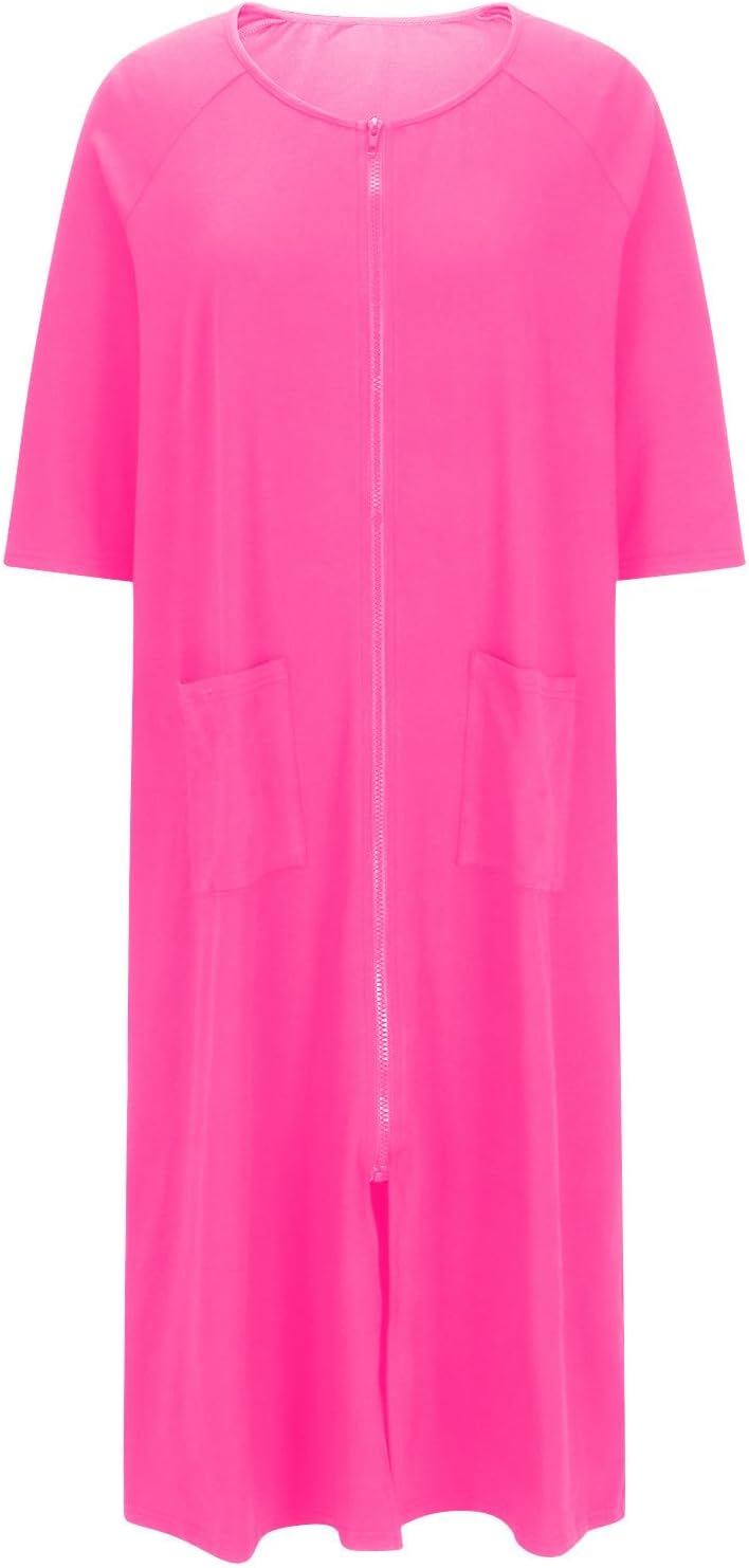 Lightweight Long Housecoats for Women 3/4 Sleeve Front Zipper Bathrobes Loose Lounge Loungewear Nightgown with Pocket