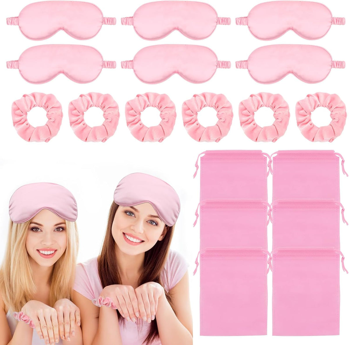 18 Pcs Sleepover Party Supplies, 6 Pink Satin Sleep Eye Masks, 6 Pink Velvet Scrunchies