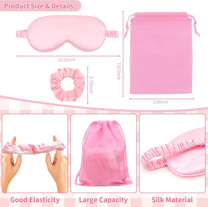18 Pcs Sleepover Party Supplies, 6 Pink Satin Sleep Eye Masks, 6 Pink Velvet Scrunchies
