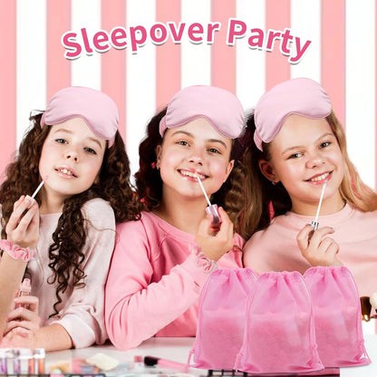 18 Pcs Sleepover Party Supplies, 6 Pink Satin Sleep Eye Masks, 6 Pink Velvet Scrunchies