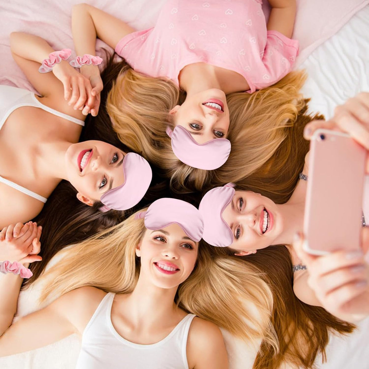 18 Pcs Sleepover Party Supplies, 6 Pink Satin Sleep Eye Masks, 6 Pink Velvet Scrunchies