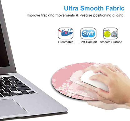 Cute Pink Mouse Pad, Floral Flowers Mouse Pad, Sakura Cherry Blossom Round Mousepad, Aesthetic Desk Decor, Anti Slip Rubber Base Mice pad for Computer Office Girl, 7.9 x 7.9 Inch