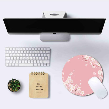 Cute Pink Mouse Pad, Floral Flowers Mouse Pad, Sakura Cherry Blossom Round Mousepad, Aesthetic Desk Decor, Anti Slip Rubber Base Mice pad for Computer Office Girl, 7.9 x 7.9 Inch