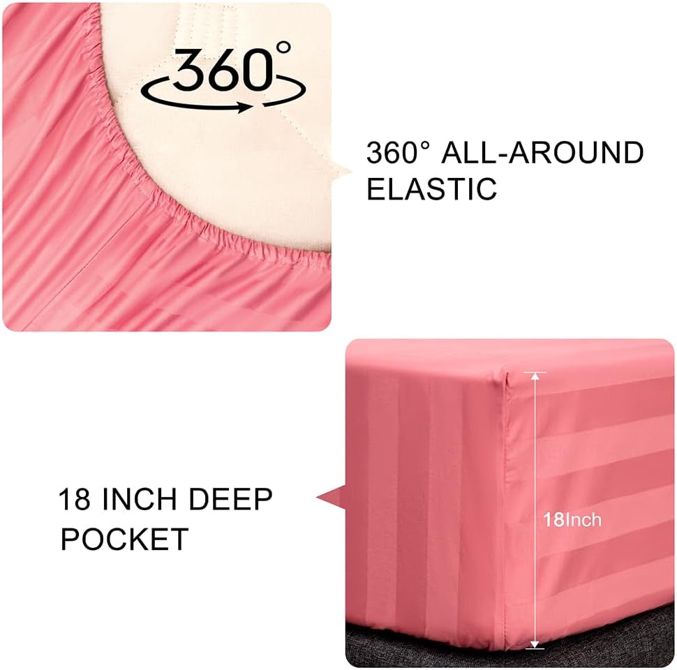 Queen Cotton Stripe Fitted Sheet & Pillowcase Set,Pink,3 Piece