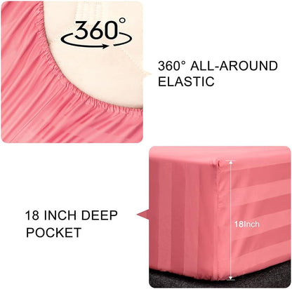 Queen Cotton Stripe Fitted Sheet & Pillowcase Set,Pink,3 Piece