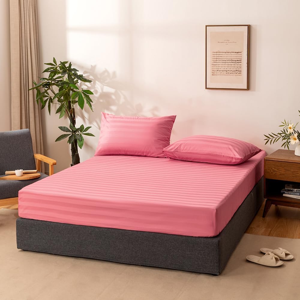Queen Cotton Stripe Fitted Sheet & Pillowcase Set,Pink,3 Piece
