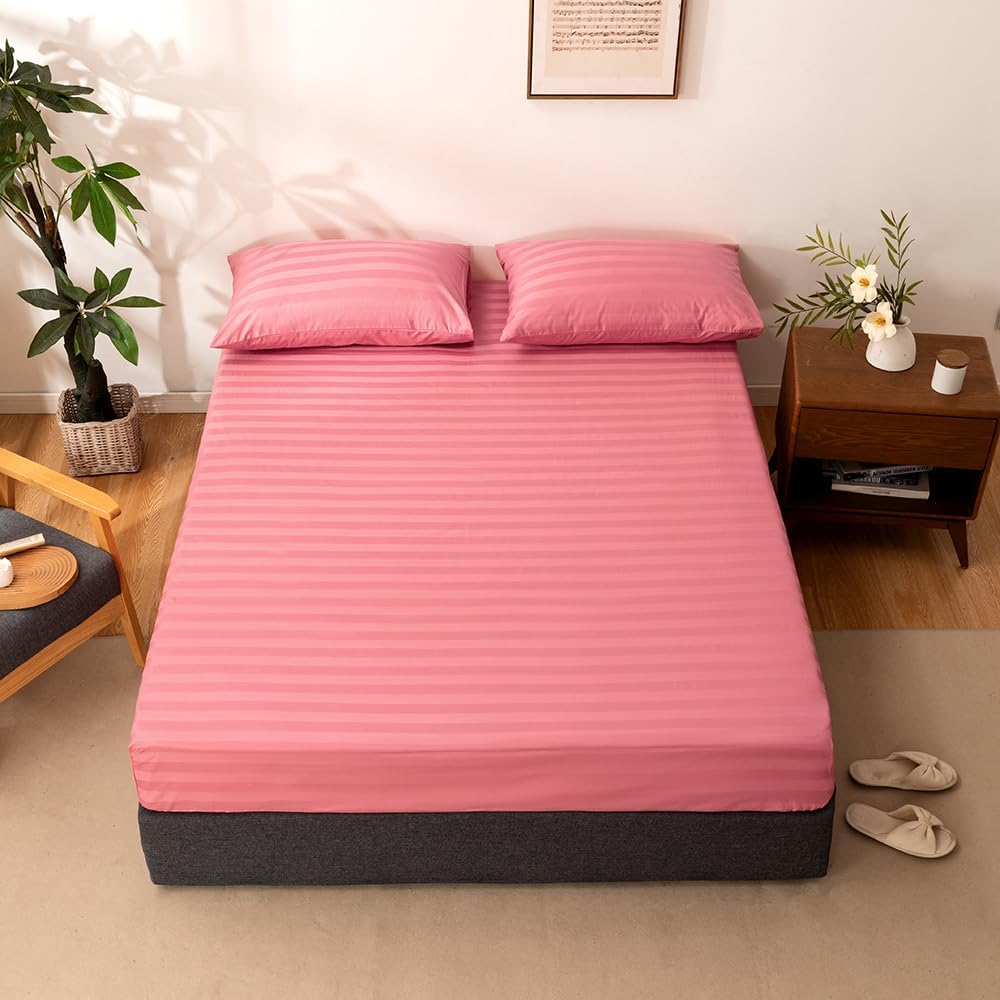 Queen Cotton Stripe Fitted Sheet & Pillowcase Set,Pink,3 Piece