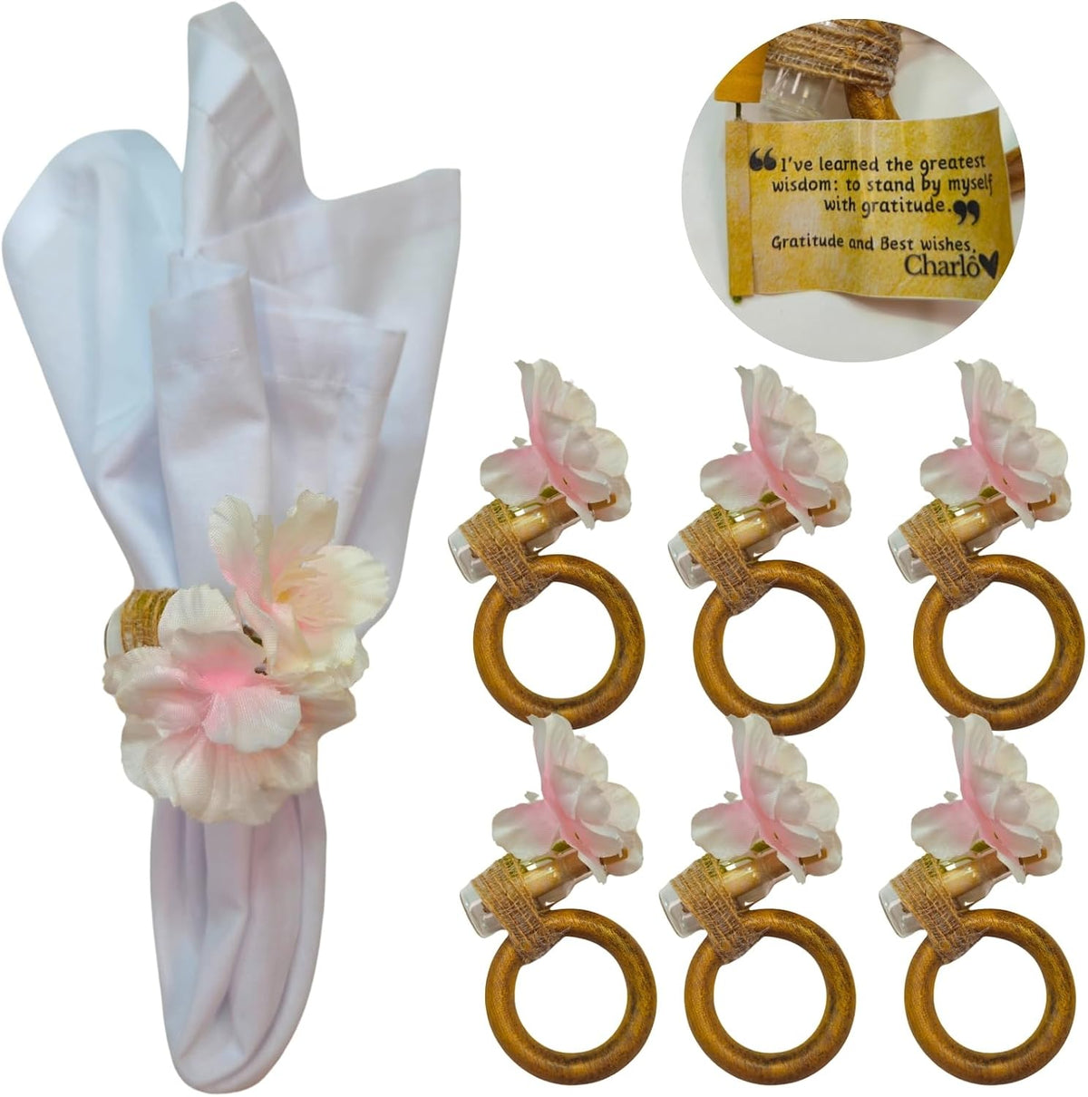 Charlo's Positive Messages in a Bottle Gratitude Good Vibes Funny Pink Cherry Blossom Flower Napkin Rings for Gifts, Birthday, Thanksgiving, Wedding Dinner Table Decor Kitchen